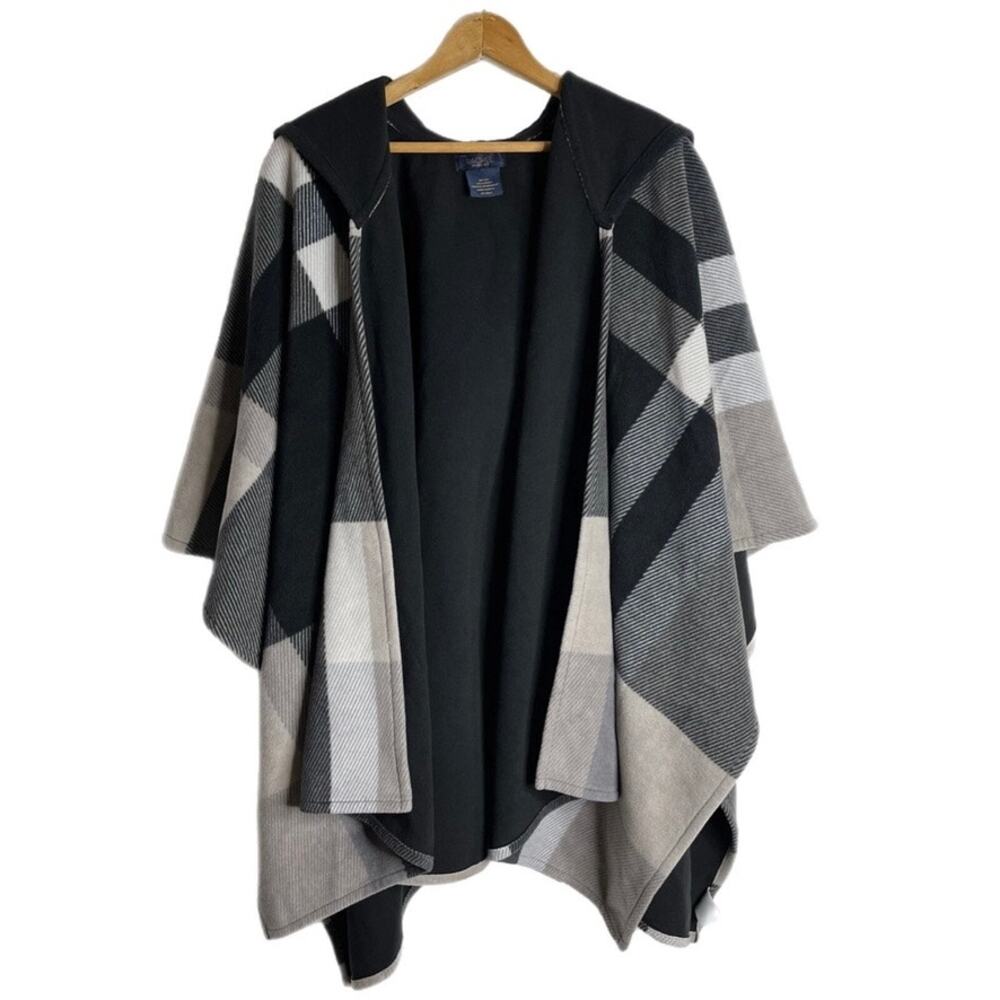 Rachel Roy Women's Fleece Cape Poncho Sweater One Size Black Plaid Hooded Open - Picture 2 of 7